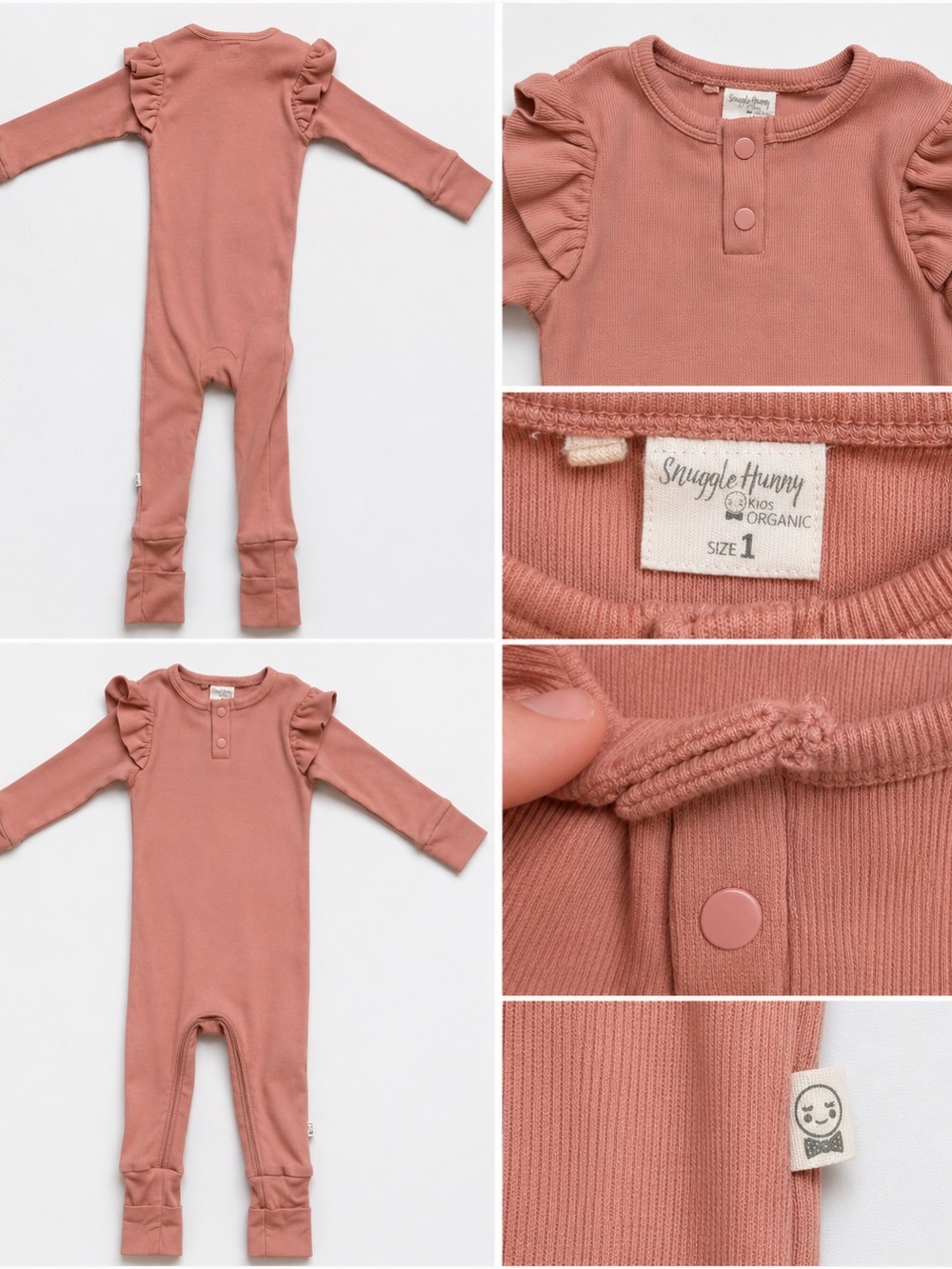 Snuggle Hunny Kids Organic Ribbed Ruffle Growsuit Size 1 NWOT Dusty Rose